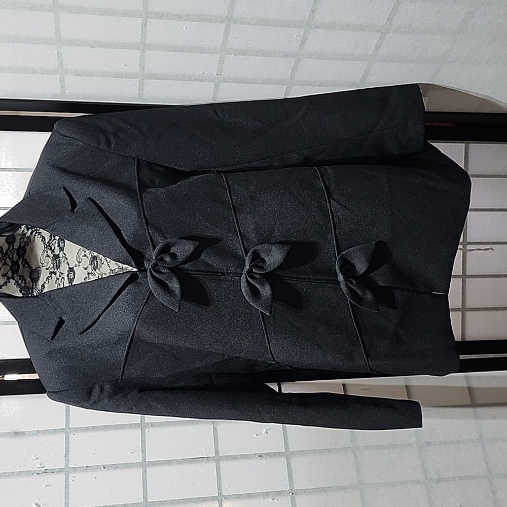 Chad Stevens Vintage Black zip front Blazer Bow accents size 14 business casual